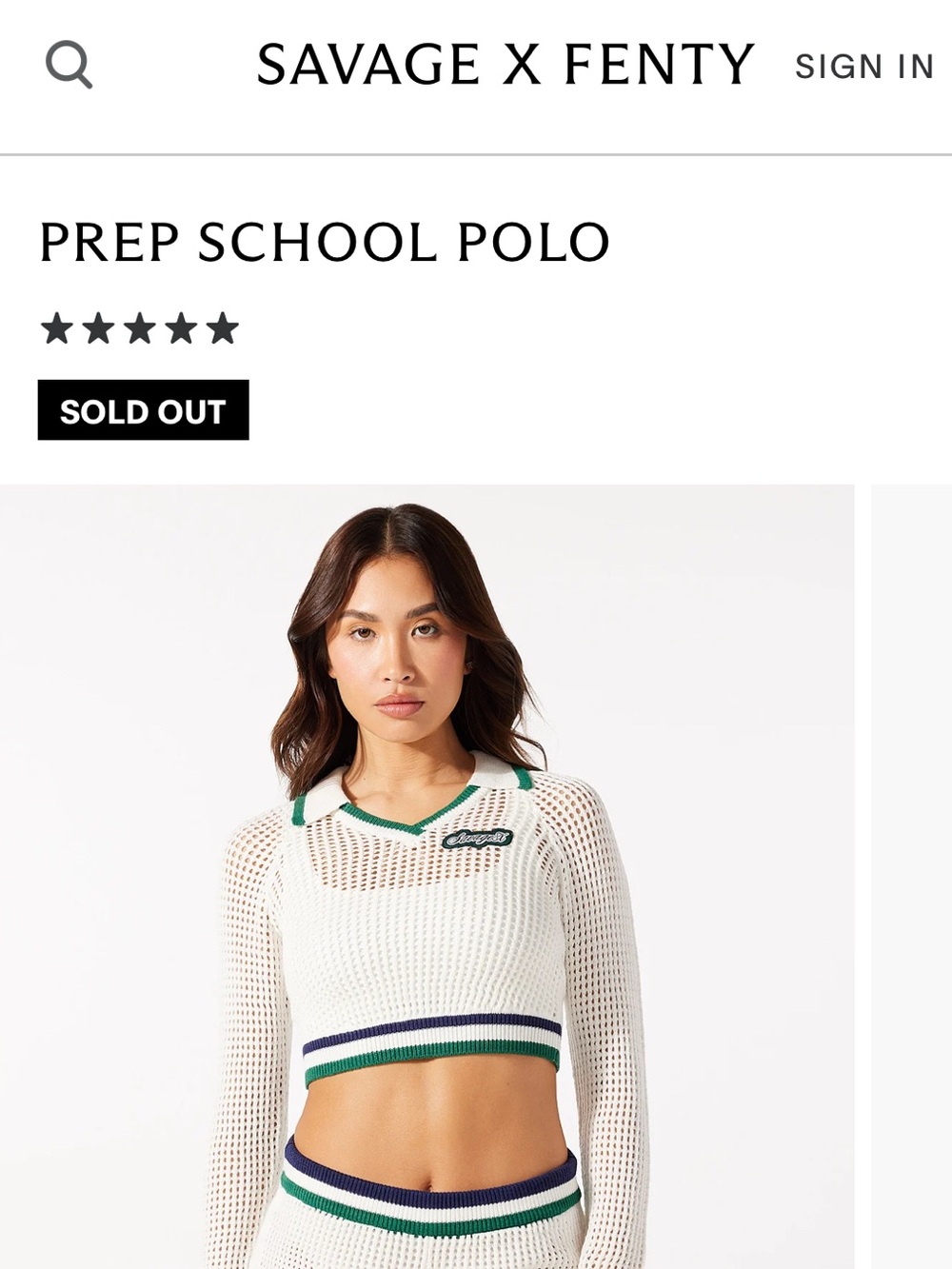 Savage X Fenty White Cropped Mesh Polo with Green & Navy Trim PREP SCHOOL POLO